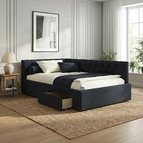 Кровать Afelia с матрасом велюр черный без П/М 1200x2000, ортопедическое основание, изголовье мягкое