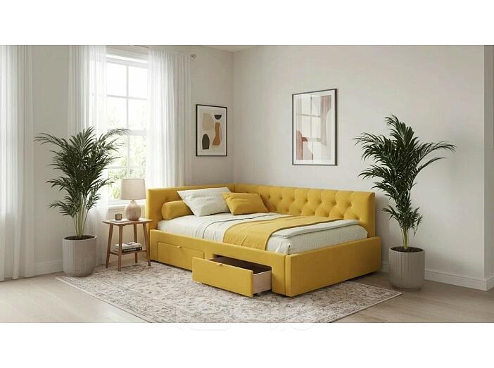 Кровать Afelia с матрасом велюр желтый без П/М 1200x2000, ортопедическое основание, изголовье мягкое