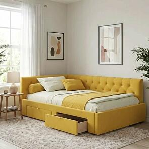 Кровать Afelia с матрасом велюр желтый без П/М 1200x2000, ортопедическое основание, изголовье мягкое