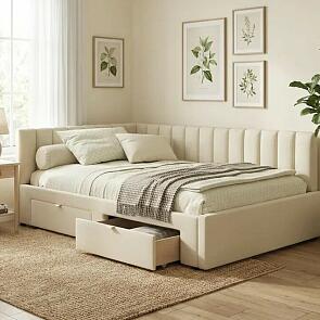Кровать Milena с матрасом велюр бежевый без П/М 1200x2000, ортопедическое основание, изголовье мягкое