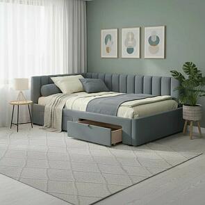 Кровать Milena с матрасом велюр серая без П/М 1200x2000, ортопедическое основание, изголовье мягкое