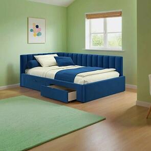 Кровать Milena с матрасом велюр синий без П/М 1200x2000, ортопедическое основание, изголовье мягкое