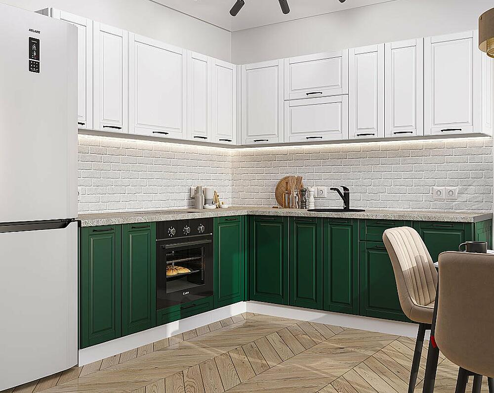 

Кухня угловая Дублин-02 Special White/Special Green/Белый 2140*2200/2400*600
