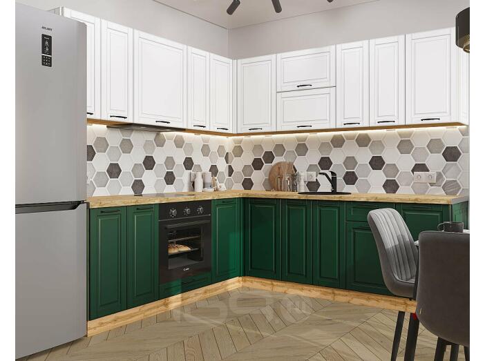 Кухня угловая Дублин-02 Special White/Special Green/Дуб Вотан 2140*2200/2400*600
