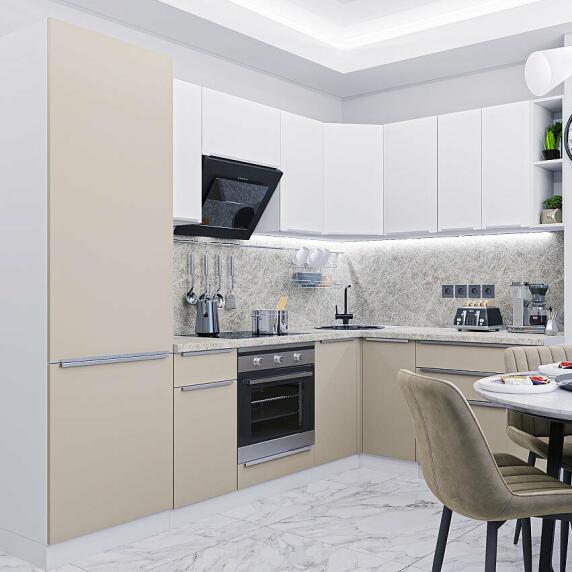 Кухня Угловая Фьюжн-04 Cream Silk/Silky White 2140*2500/1800*600