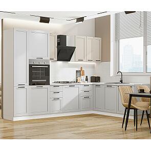 Кухня угловая Нео-03 Cream Silk/Grey Silk/Белый 2140*3000/2100*600