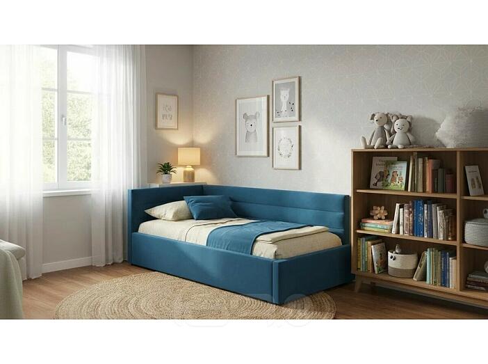 Кровать Aura с матрасом велюр синий С П/М 1200x2000, ортопедическое основание, изголовье мягкое