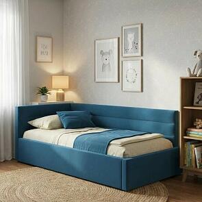 Кровать Aura с матрасом велюр синий С П/М 1200x2000, ортопедическое основание, изголовье мягкое