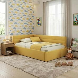 Кровать Aura с матрасом велюр желтый С П/М 1200x2000, ортопедическое основание, изголовье мягкое