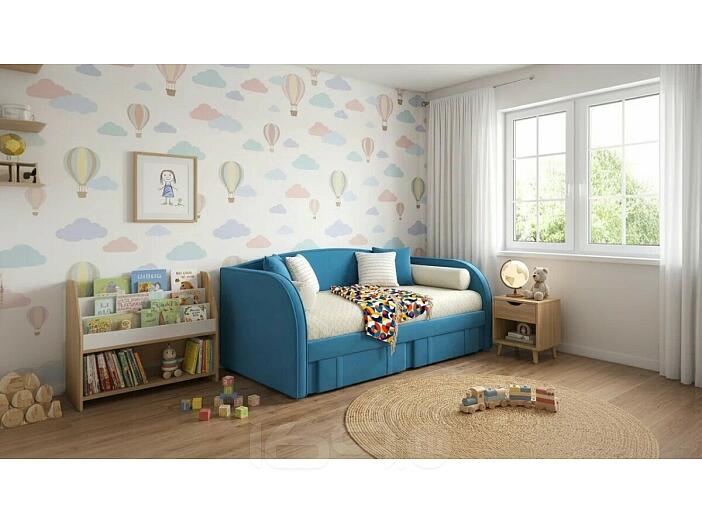 Кровать Elda с матрасом велюр синий без П/М 900x2000, изголовье мягкое