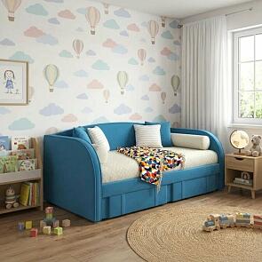 Кровать Elda с матрасом велюр синий без П/М 900x2000, изголовье мягкое