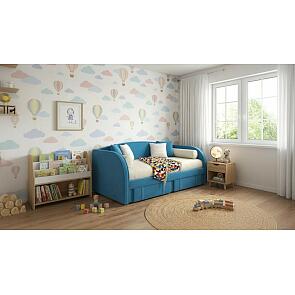 Кровать Elda с матрасом велюр синий без П/М 900x2000, изголовье мягкое