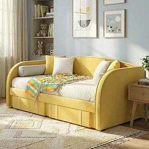 Кровать Elda с матрасом велюр жёлтый без П/М 900x2000, изголовье мягкое
