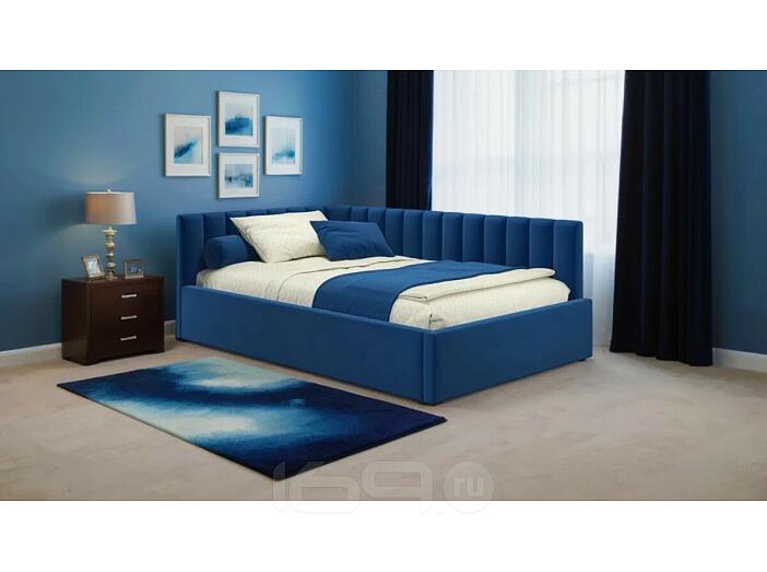 Кровать Milena с матрасом велюр синий без П/М 1200x2000, изголовье мягкое