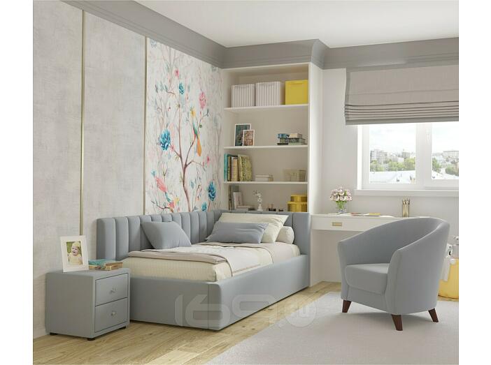 Кровать Milena с матрасом велюр серый без П/М 900x2000, изголовье мягкое