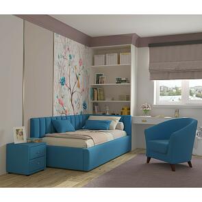 Кровать Milena с матрасом велюр синий без П/М 900x2000, изголовье мягкое