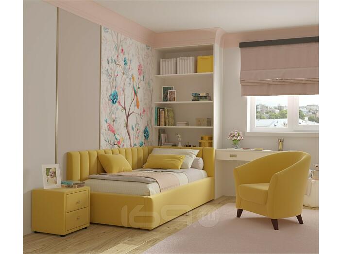 Кровать Milena с матрасом велюр жёлтый без П/М 900x2000, изголовье мягкое