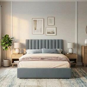 Кровать Olivia с матрасом велюр серый без П/М 1400x2000, изголовье мягкое