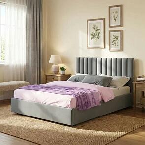 Кровать Olivia с матрасом велюр серый С П/М 1400x2000, ортопедическое основание, изголовье мягкое