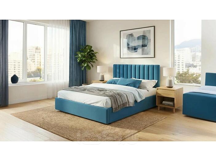 Кровать Olivia с матрасом велюр синий без П/М 1600x2000, изголовье мягкое