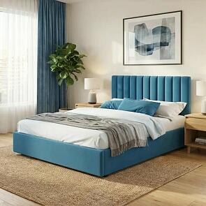 Кровать Olivia с матрасом велюр синий без П/М 1600x2000, изголовье мягкое