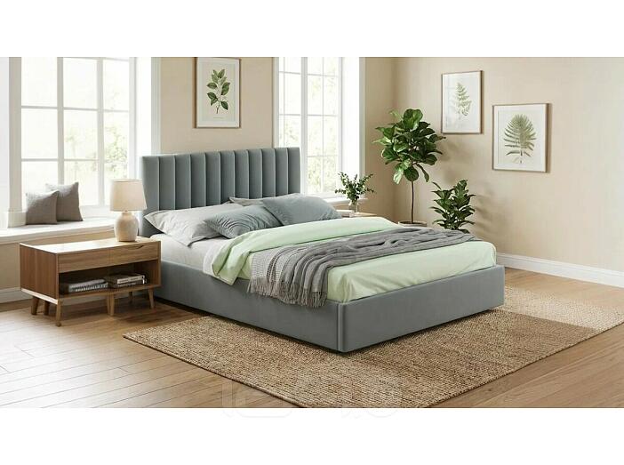 Кровать Olivia с матрасом велюр серый без П/М 1800x2000, изголовье мягкое