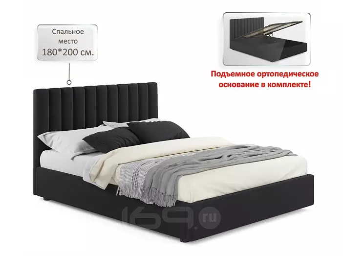 Кровать Olivia с матрасом велюр темный С П/М 1800x2000, ортопедическое основание, изголовье мягкое