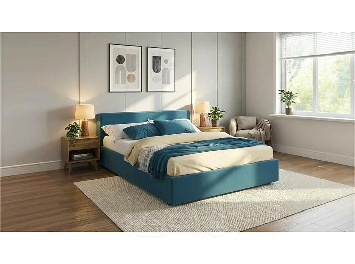 Кровать Skandi с матрасом велюр синий С П/М 1600x2000, ортопедическое основание, изголовье мягкое