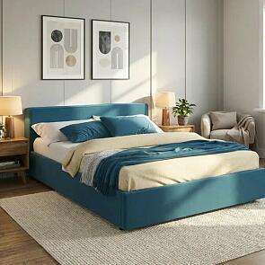 Кровать Skandi с матрасом велюр синий С П/М 1600x2000, ортопедическое основание, изголовье мягкое