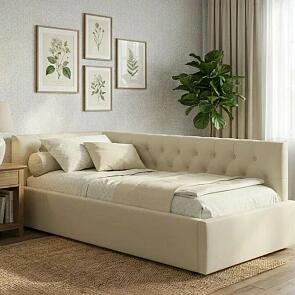 Кровать Afelia с матрасом велюр бежевый без П/М 900x2000, изголовье мягкое