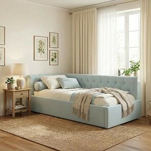 Кровать Afelia с матрасом велюр мята пастель без П/М 900x2000, изголовье мягкое