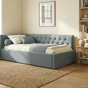 Кровать Afelia с матрасом велюр серый без П/М 900x2000, изголовье мягкое