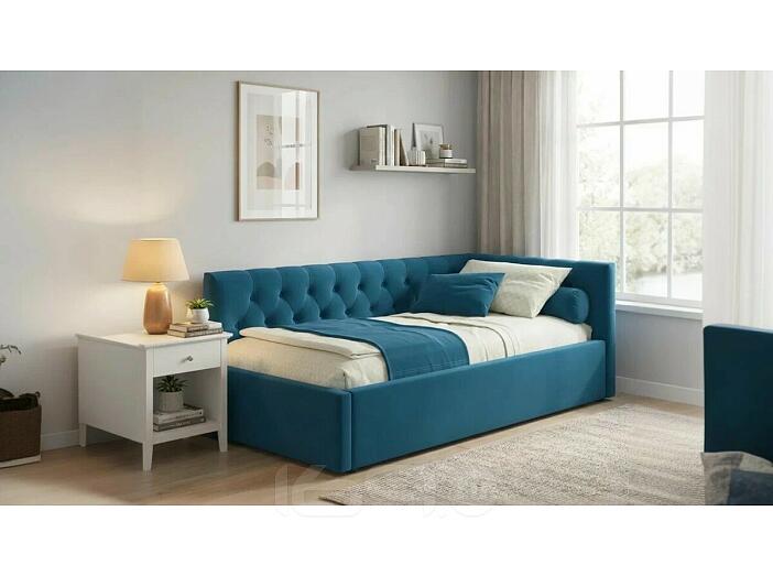 Кровать Afelia с матрасом велюр синий без П/М 900x2000, изголовье мягкое