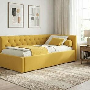 Кровать Afelia с матрасом велюр желтый без П/М 900x2000, изголовье мягкое