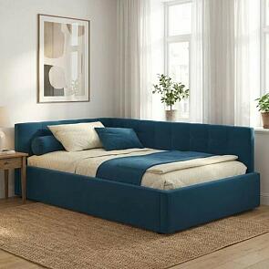 Кровать Bonna с матрасом велюр синий без П/М 1200x2000, изголовье мягкое