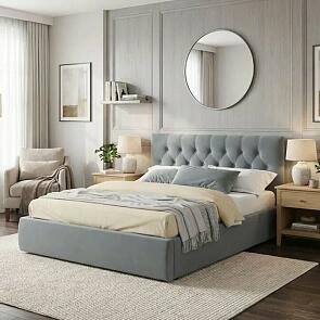 Кровать Verona с матрасом велюр серый С П/М 1400x2000, ортопедическое основание, изголовье мягкое