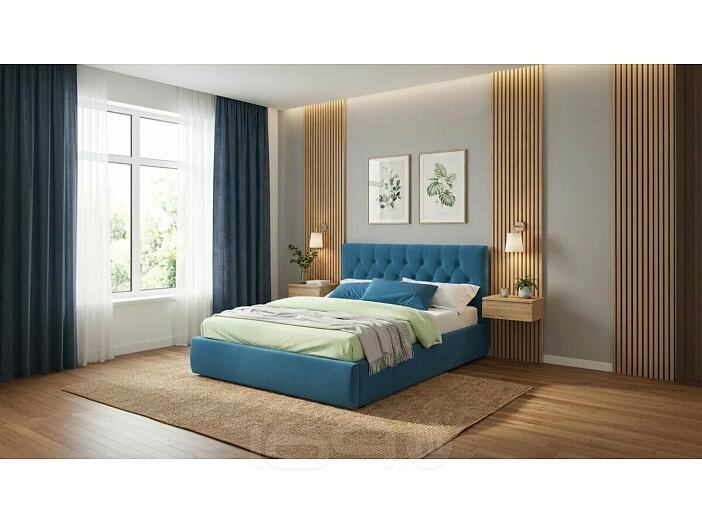 Кровать Verona с матрасом велюр синий без П/М 1600x2000, изголовье мягкое