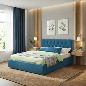 Кровать Verona с матрасом велюр синий без П/М 1600x2000, изголовье мягкое