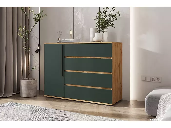 Норд Комод 1 дверь 4 ящика (1200) (Изумрудный (КРОМКА ИЗУМРУД), Дуб Крафт (КРОМКА ДУБ КРАФТ))