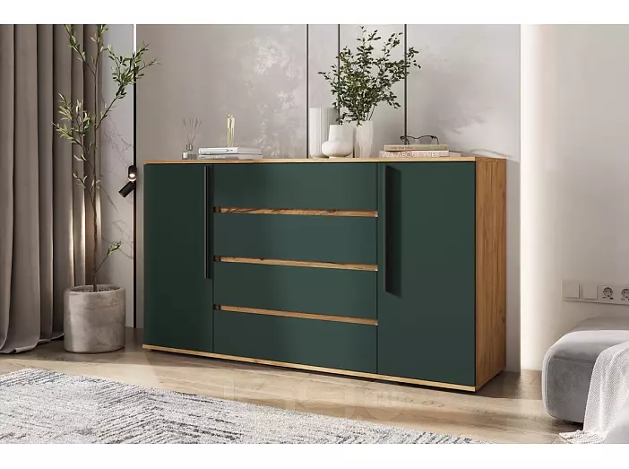 Норд Комод 2 двери 4 ящика (1600) (Изумрудный (КРОМКА ИЗУМРУД), Дуб Крафт (КРОМКА ДУБ КРАФТ))