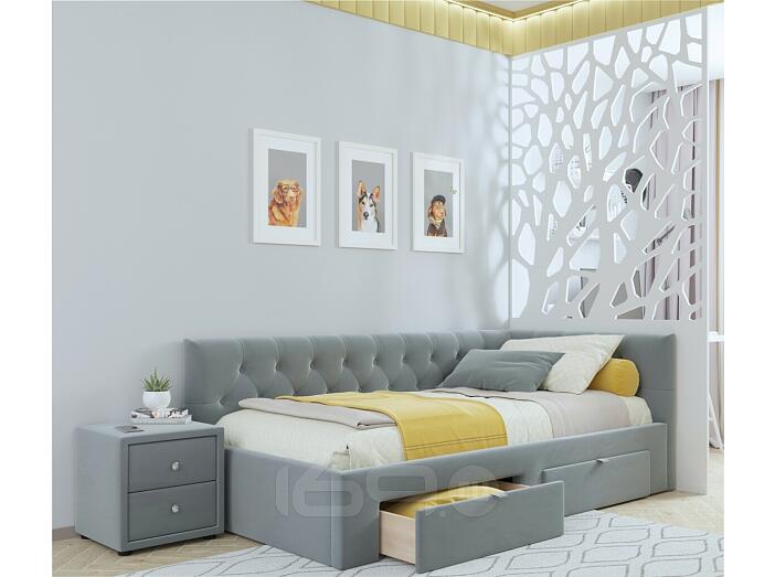 Кровать Afelia с матрасом велюр серый без П/М 900x2000, изголовье мягкое