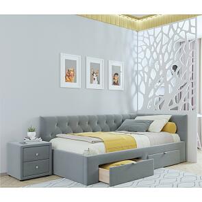 Кровать Afelia с матрасом велюр серый без П/М 900x2000, изголовье мягкое