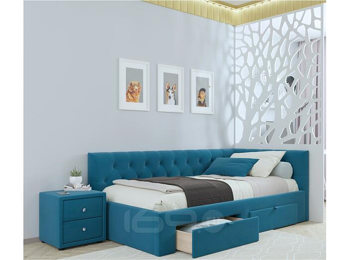 Кровать Afelia с матрасом велюр синий без П/М 900x2000, изголовье мягкое