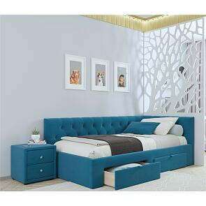 Кровать Afelia с матрасом велюр синий без П/М 900x2000, изголовье мягкое