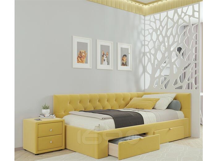 Кровать Afelia с матрасом велюр желтый без П/М 900x2000, изголовье мягкое