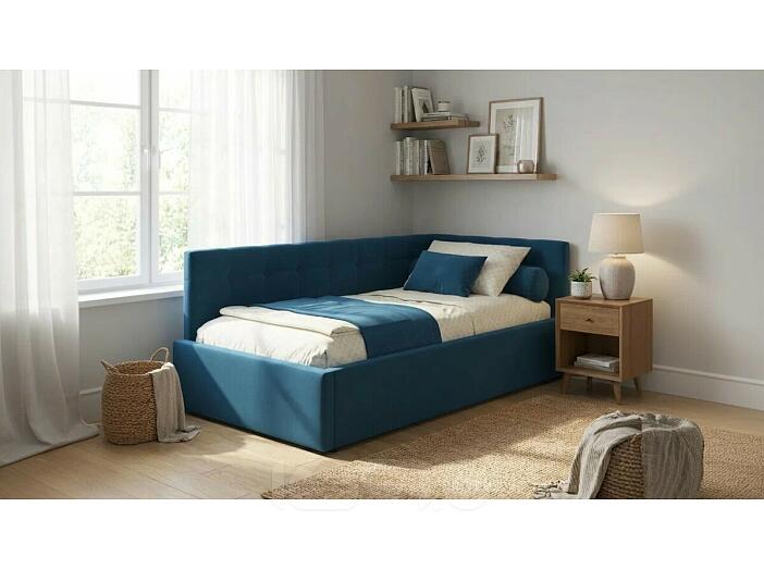 Кровать Bonna с матрасом велюр синий без П/М 900x2000, ортопедическое основание, изголовье мягкое