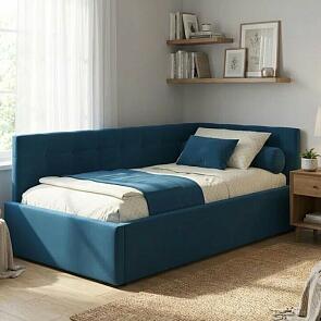 Кровать Bonna с матрасом велюр синий без П/М 900x2000, ортопедическое основание, изголовье мягкое