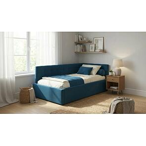 Кровать Bonna с матрасом велюр синий без П/М 900x2000, ортопедическое основание, изголовье мягкое