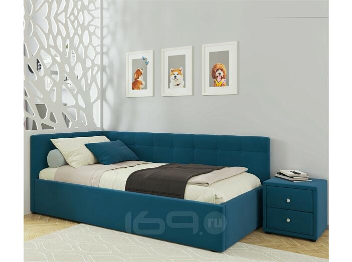 Кровать Bonna с матрасом велюр синий С П/М 900x2000, ортопедическое основание, изголовье мягкое