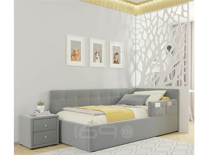 Кровать Bonna с матрасом велюр серый С П/М 900x2000, ортопедическое основание, изголовье мягкое